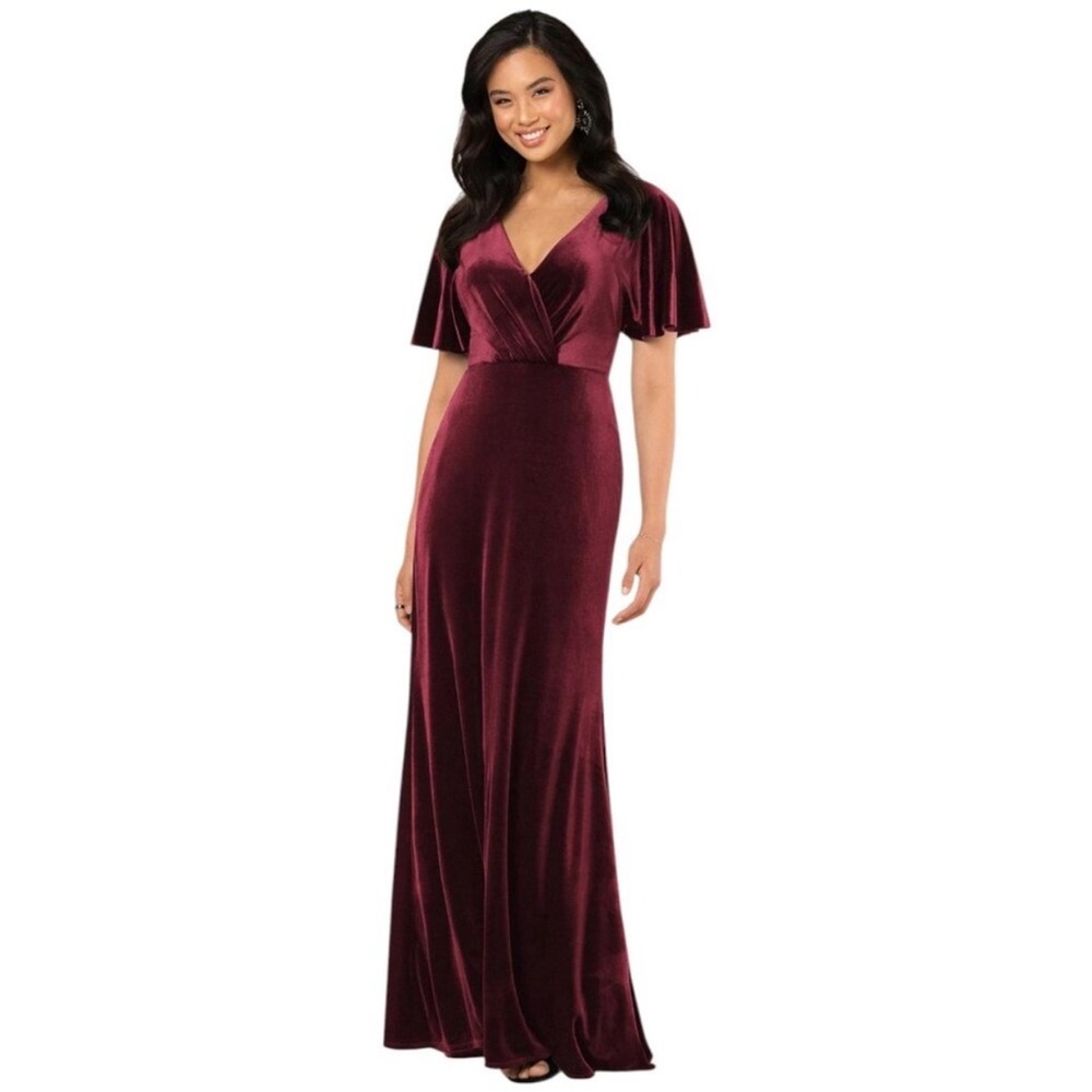 Sorella Vita Merlot Luxe Velvet Flutter Sleeve Bridesmaid Gown